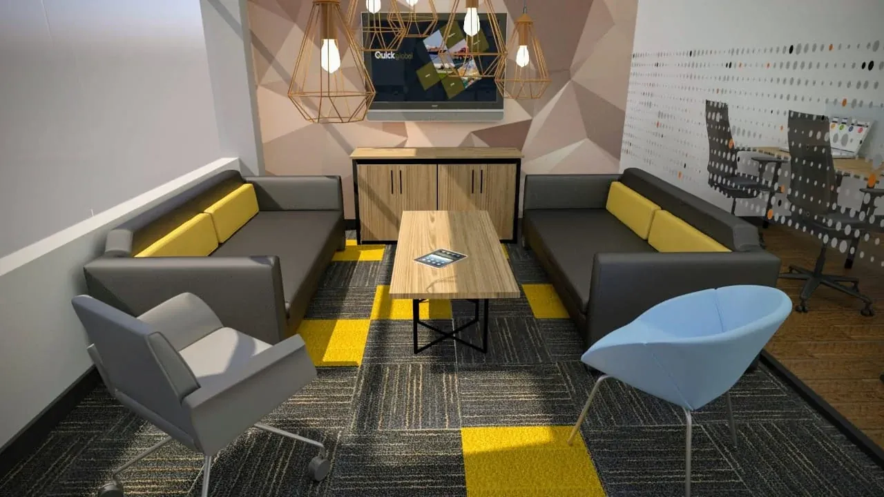Render de lounge corporativo en diseño de oficinas por Parámetro